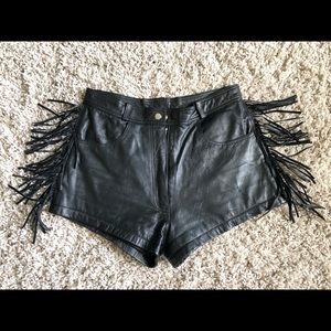 Vintage black leather fringe shorts